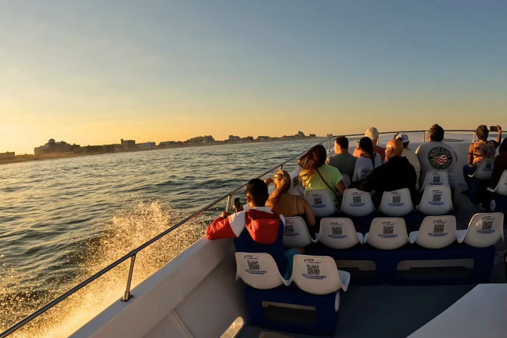 People seated on a boat at sunset, city skyline in distance.