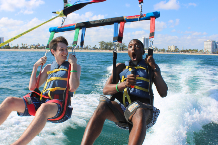Two people parasailing over water, both wearing life jackets, one looking surprised.