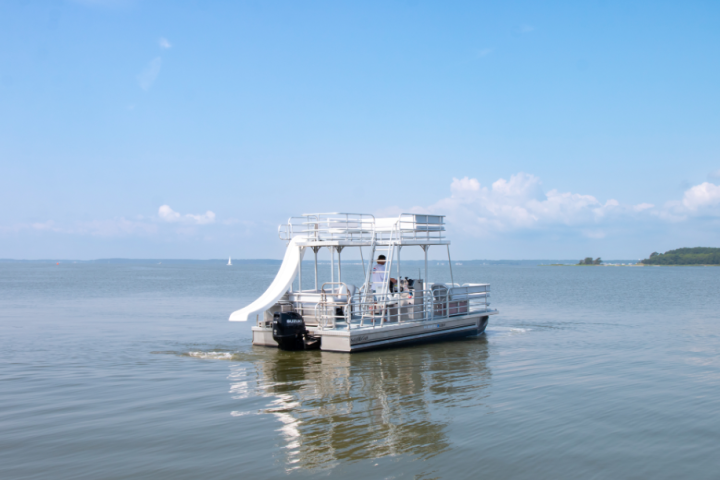 a small boat in a large body of water