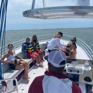 a group of people on a boat in the water