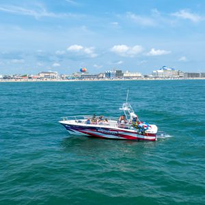 a small boat in a large body of water