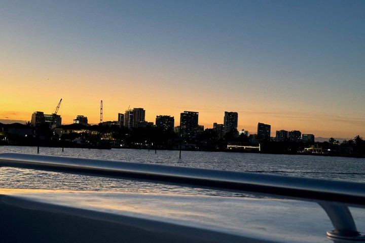 a view of a city at sunset