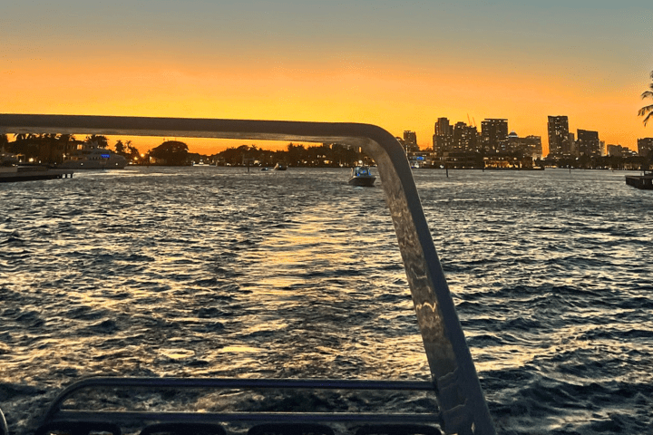 Sunset view of a city skyline from a boat, with palm trees and rippling water in the foreground.