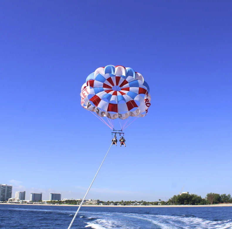 a parachute with a body of water