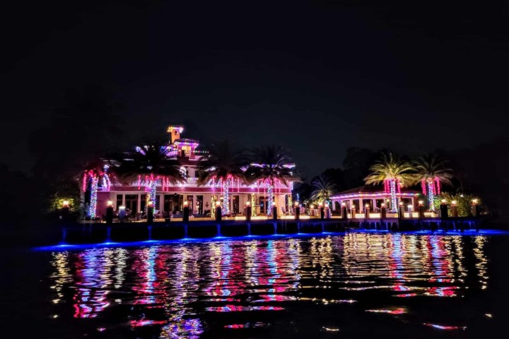 a large bridge lit up at night