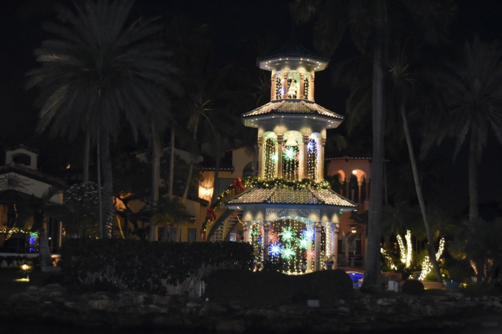 House with tower and palm trees decorated with holiday lights at night.