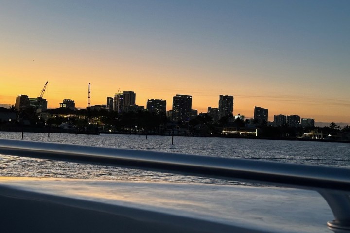 a view of a city at sunset