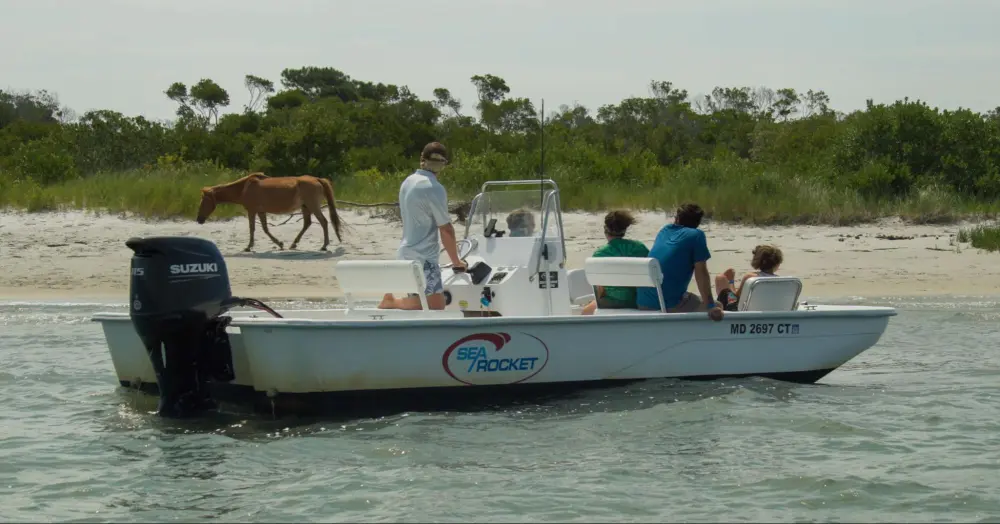 a group of people riding on the back of a boat in the water