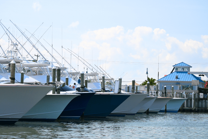 Boats docked in a marina with blue skies and a building in the background.