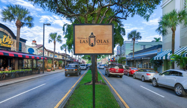 Las Olas Boulevard street with cars, shops, and a sign, flanked by palm trees.