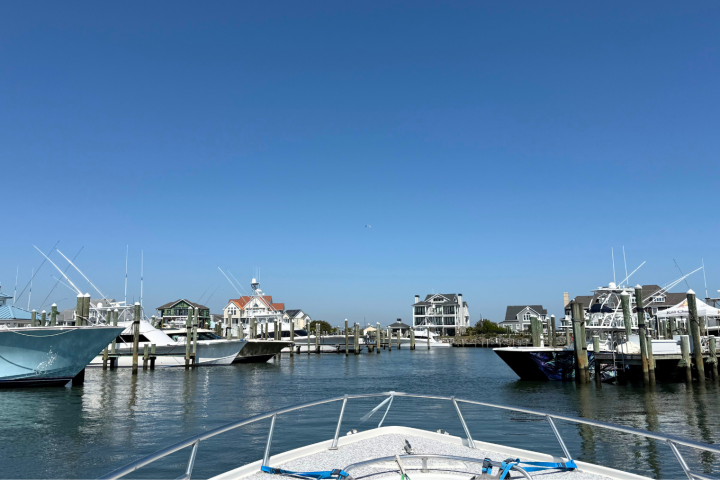 Bow of a boat entering a marina with docked boats and houses under a clear blue sky.