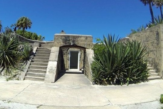 Stone structure with stairs and tropical plants under a clear blue sky.
