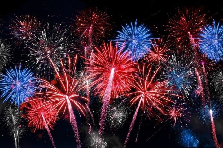 Bright red and blue fireworks burst against a dark night sky.