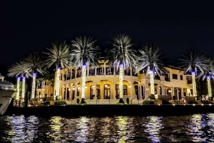 Illuminated mansion with palm trees and reflections on water at night.