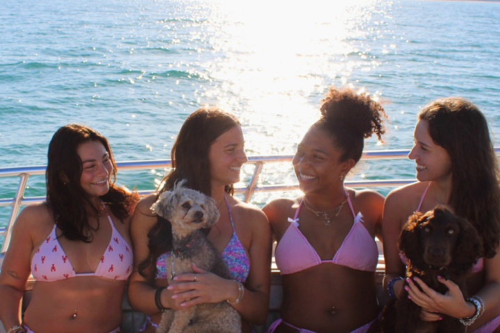 Four women on a boat with two dogs, smiling at sunset over the water.