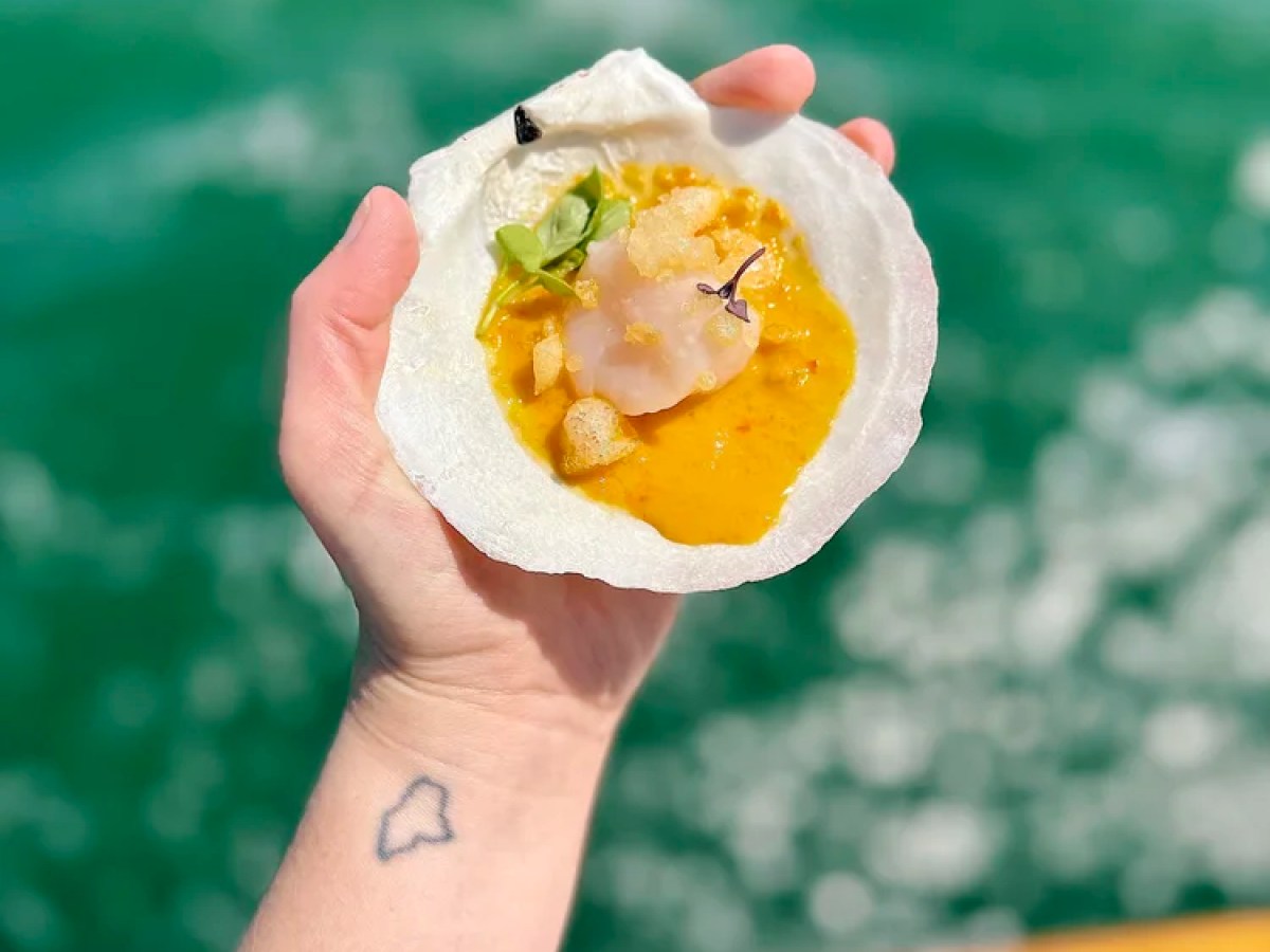 Hand holding scallop shell with dish against a sea background.