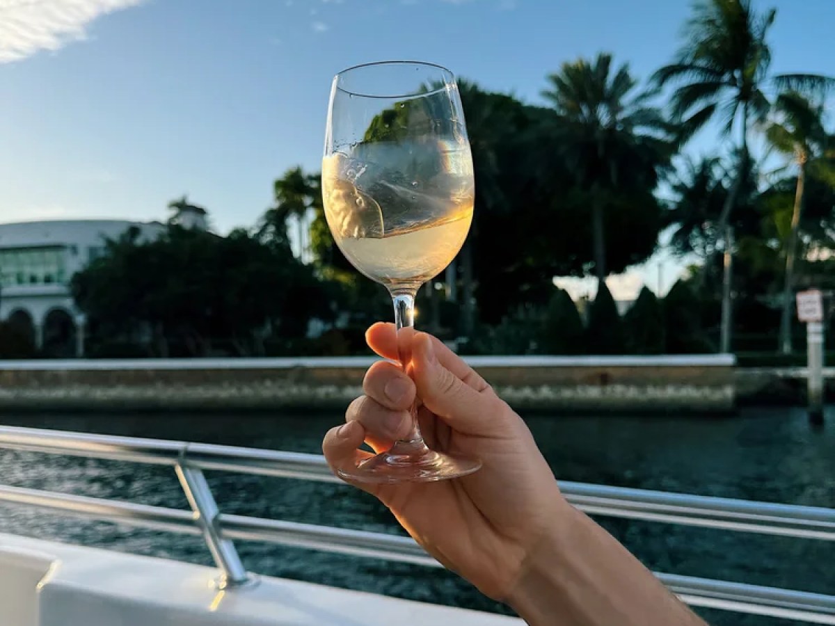Hand holding wine glass on a boat, palm trees in background.