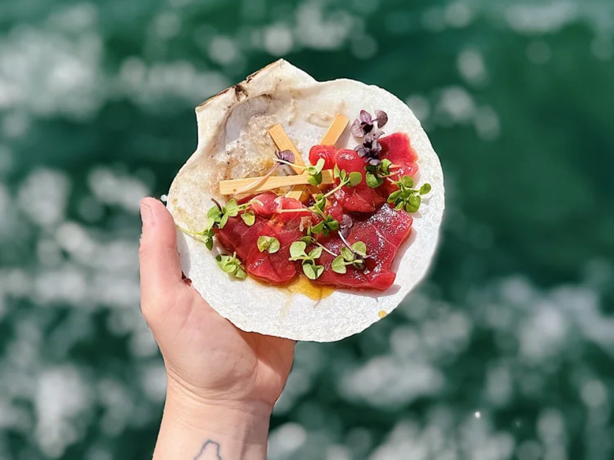 Hand holding taco with raw fish, greens over water background.