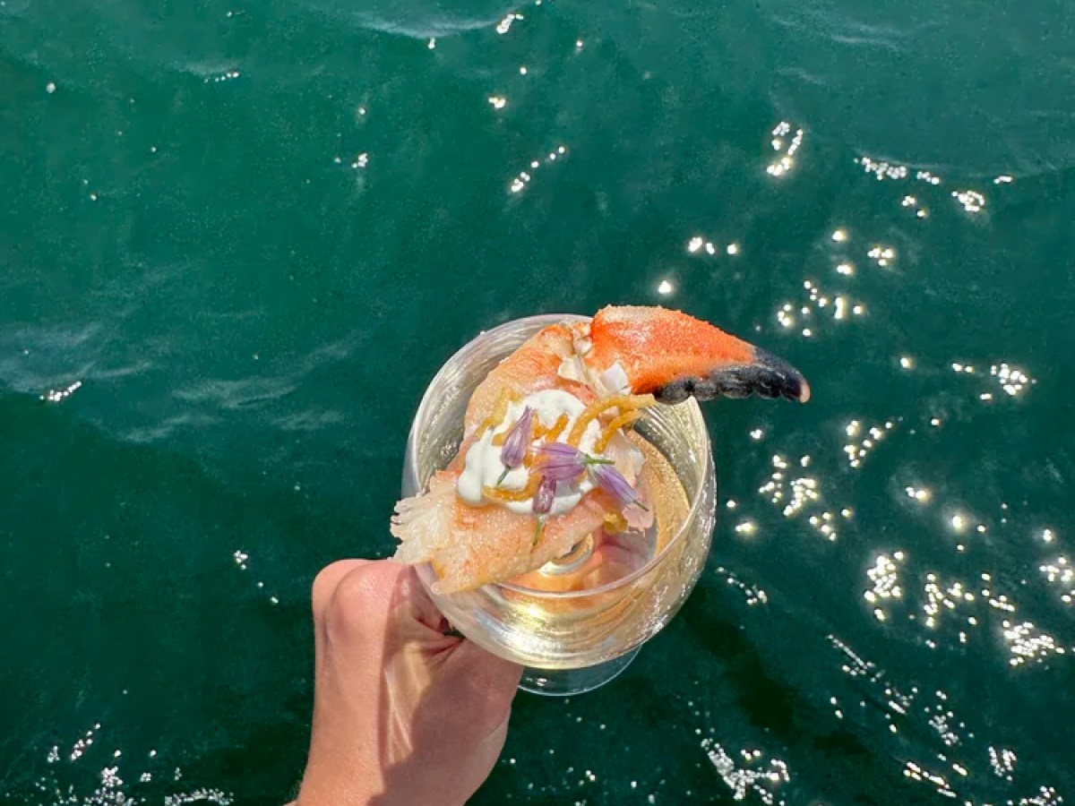 Hand holding cocktail with shrimp and crab claw over water.