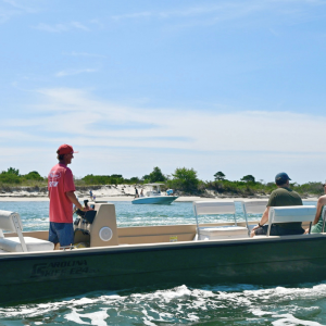 Man steering boat with two passengers on a sunny day near a beach.