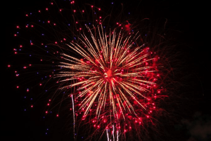 Bright red fireworks explode against a black night sky.